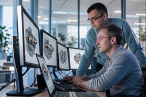 Ingénieurs analysant des modèles 3D sur plusieurs écrans